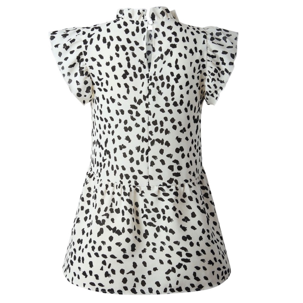 ENTRO • Ruffled Sleeve Button Closure Polka Dots Leopard Printed Pleated Shirt - Picture 3 of 7